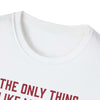 Close-up of a white softstyle t-shirt neckline featuring a playful dad-themed graphic.