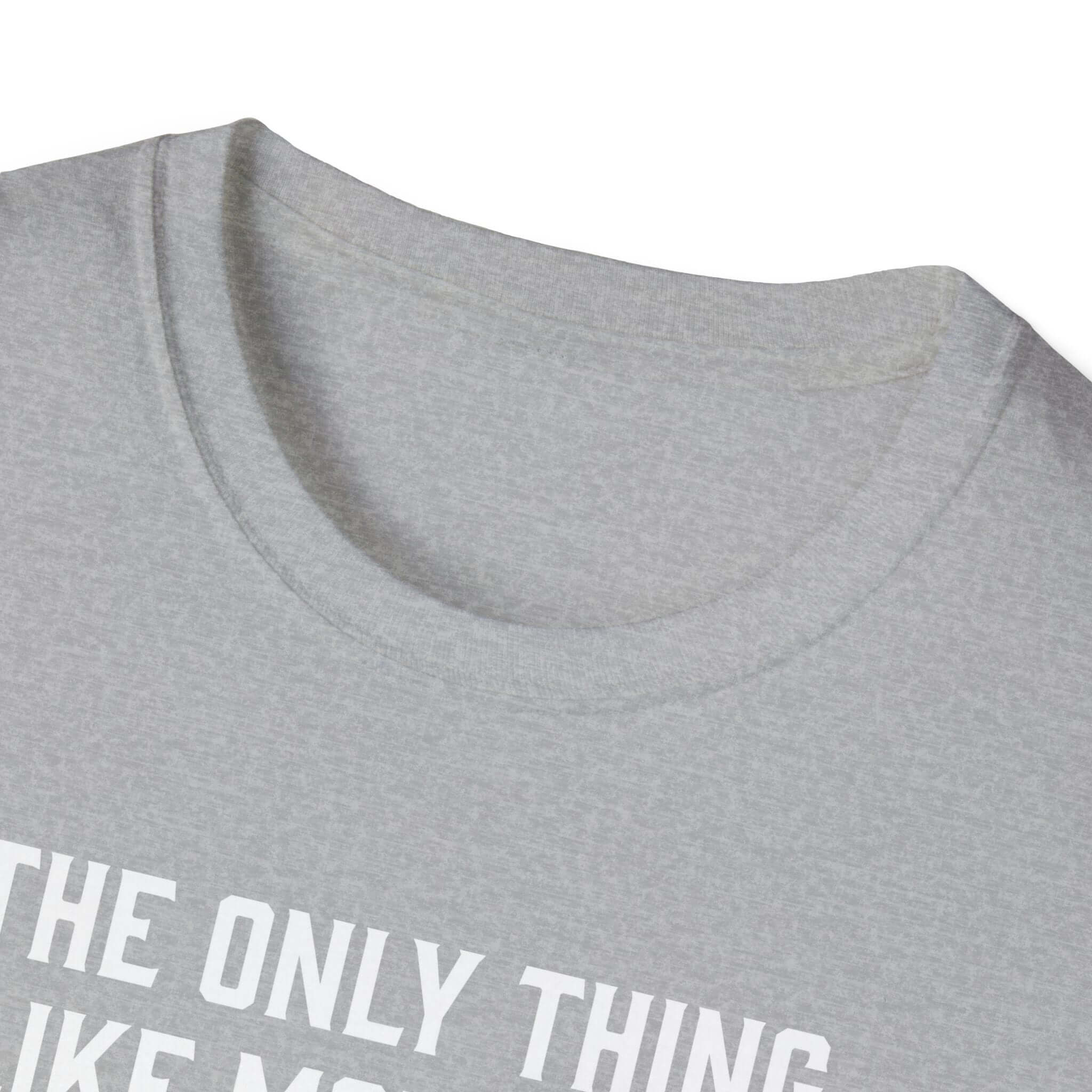 Close-up of the collar and neckline of a light gray softstyle t-shirt for Fathers.