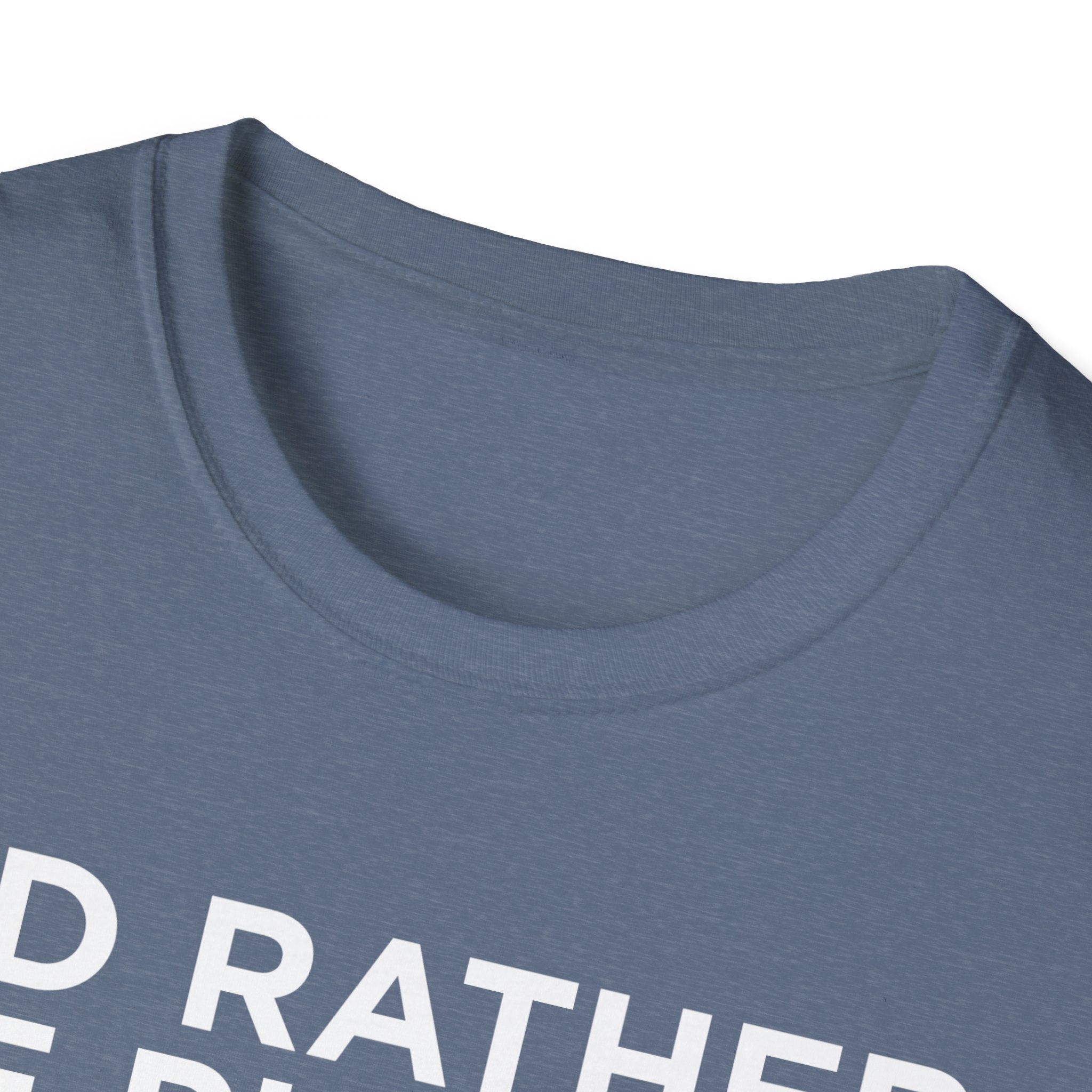 Close-up of blue softstyle T-shirt with 'I'd Rather Be Playing Hand & Foot' text.