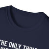 Close-up of navy blue softstyle t-shirt collar featuring a humorous dad-themed graphic.