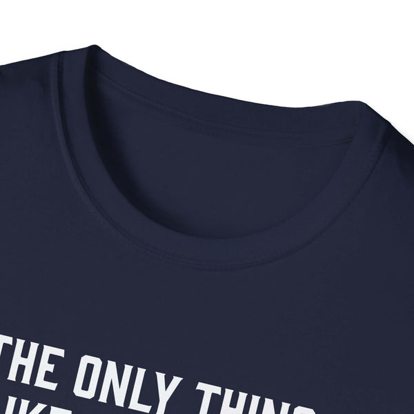 Close-up of navy blue softstyle t-shirt collar featuring a humorous dad-themed graphic.