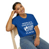 Person wearing a World's Greatest Player Softstyle T-Shirt in blue, made from 100% ring-spun cotton for comfort and style.