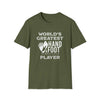 World's Greatest Player Softstyle T-Shirt in olive green with white graphic print, unisex fit, made from 100% ring-spun cotton.