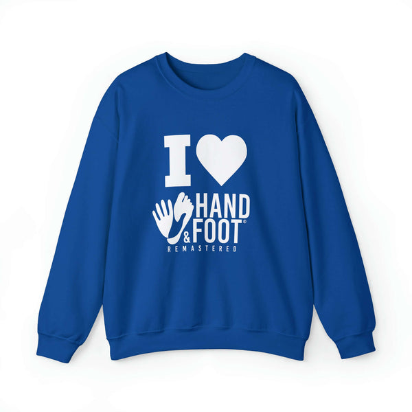 Blue unisex crewneck sweatshirt with 'I Love Hand & Foot' print in white, perfect for comfort and sustainability.