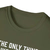 Close-up of the collar on a soft-style Dad t-shirt in olive green, featuring bold white text.