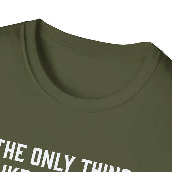 Close-up of the collar on a soft-style Dad t-shirt in olive green, featuring bold white text.