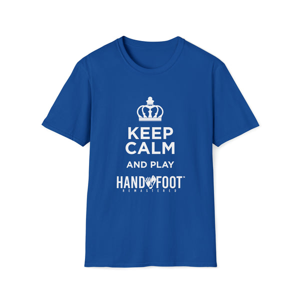 Keep Calm and Play Hand & Foot Remastered Softstyle T-Shirt in blue, made from 100% ring-spun cotton, elegant everyday wear.