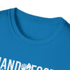 Close-up of a blue t-shirt collar with white printed text, showcasing soft fabric and casual style.