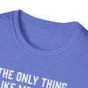 Close-up of Being a Father softstyle t-shirt, featuring a round neck in a blue shade with printed text.