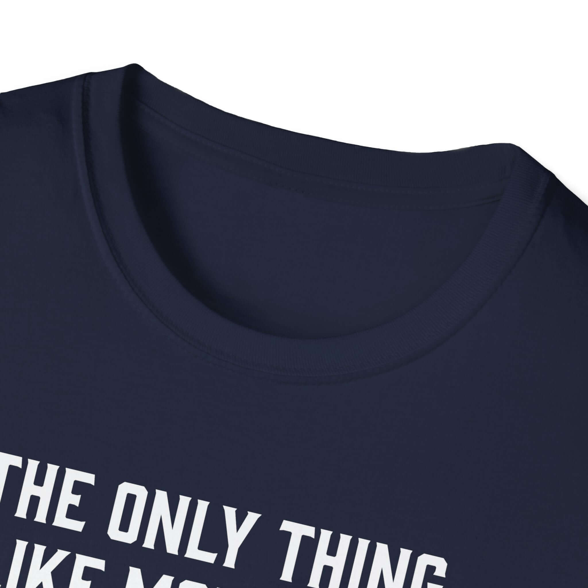 Close-up of a navy softstyle t-shirt collar with text about being a father.