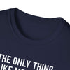 Close-up of a navy softstyle t-shirt collar with text about being a father.