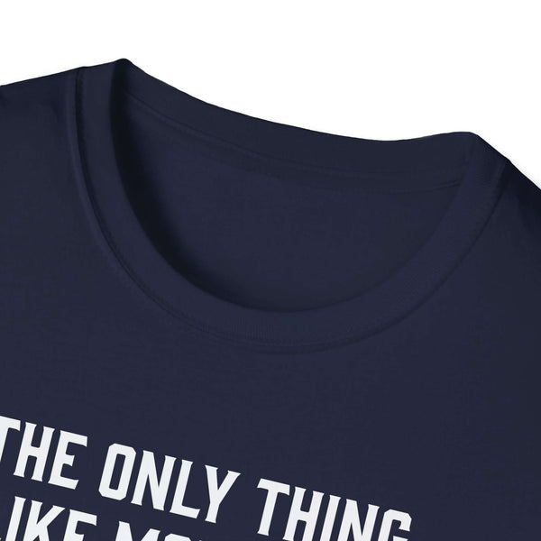 Close-up of a navy softstyle t-shirt collar with text about being a father.