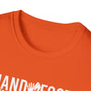 Bright orange t-shirt with white text, made from soft 100% ring-spun cotton fabric for comfort and style.
