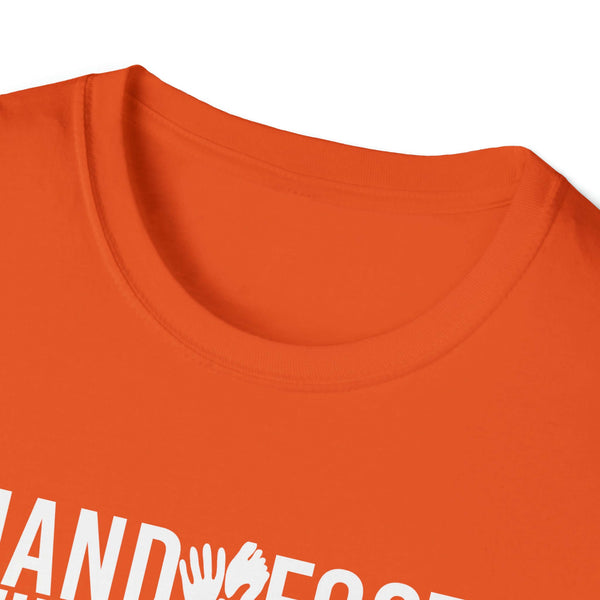 Bright orange t-shirt with white text, made from soft 100% ring-spun cotton fabric for comfort and style.
