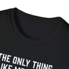 Close-up of a black softstyle t-shirt collar with white text design, highlighting a thoughtful gift for dads.