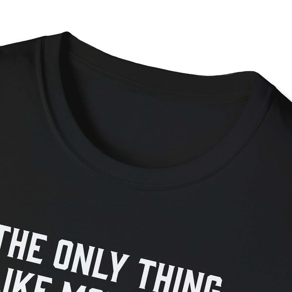 Close-up of a black softstyle t-shirt collar with white text design, highlighting a thoughtful gift for dads.