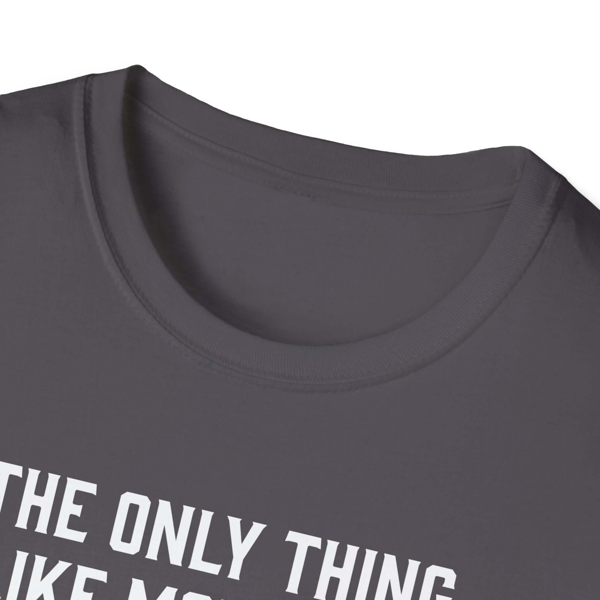 Close-up of the collar of a dark gray softstyle t-shirt with text design for fathers.