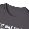 Close-up of a dark gray softstyle t-shirt collar featuring humorous text, perfect gift for dads.