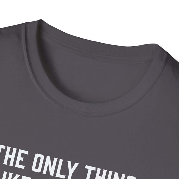 Close-up of a dark gray softstyle t-shirt collar featuring humorous text, perfect gift for dads.