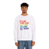 Model wearing 'It's My Turn' unisex heavy blend crewneck sweatshirt with rainbow text message.
