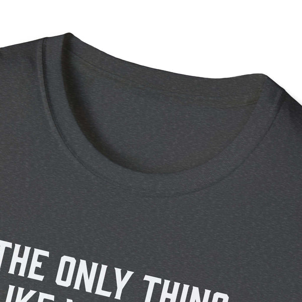 Close-up of Being a Grandfather Softstyle T-Shirt, Gildan brand, featuring comfortable neck design and white printed text on dark fabric.