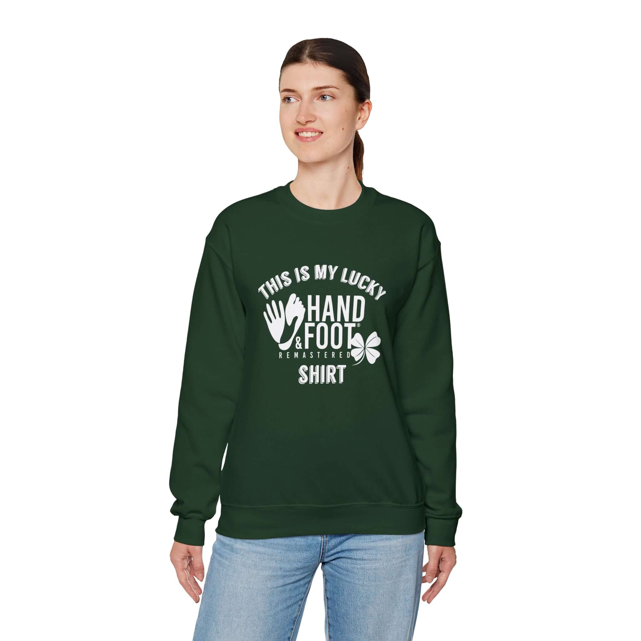 Model wearing the Lucky Unisex Heavy Blend Crewneck Sweatshirt in green with