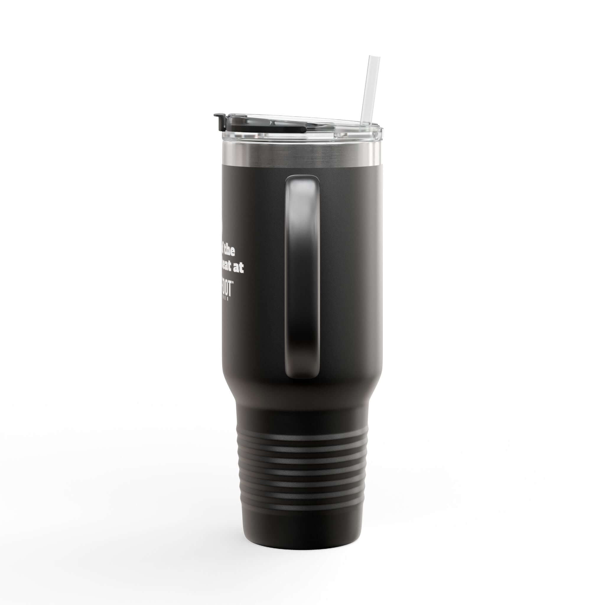 Black 40oz insulated travel mug with ergonomic handle and lid, perfect for keeping beverages hot or cold during travel and adventures.