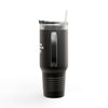Black 40oz insulated travel mug with ergonomic handle and lid, perfect for keeping beverages hot or cold during travel and adventures.