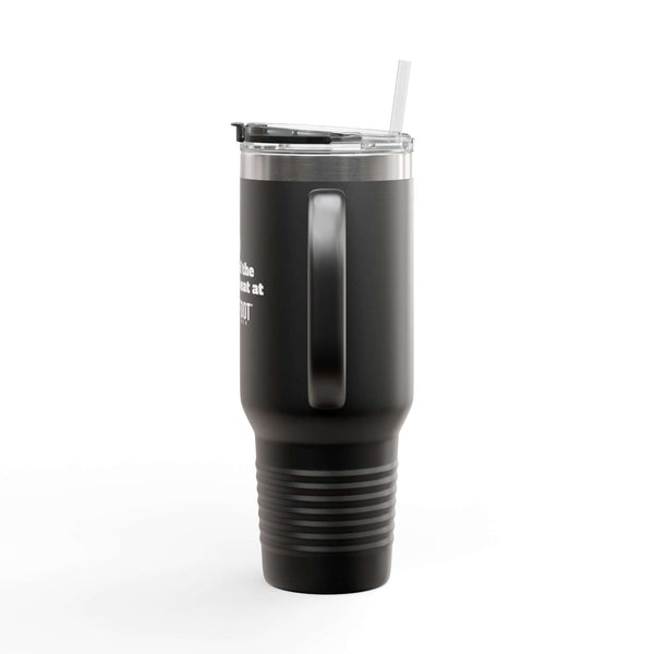 Black 40oz insulated travel mug with ergonomic handle and lid, perfect for keeping beverages hot or cold during travel and adventures.