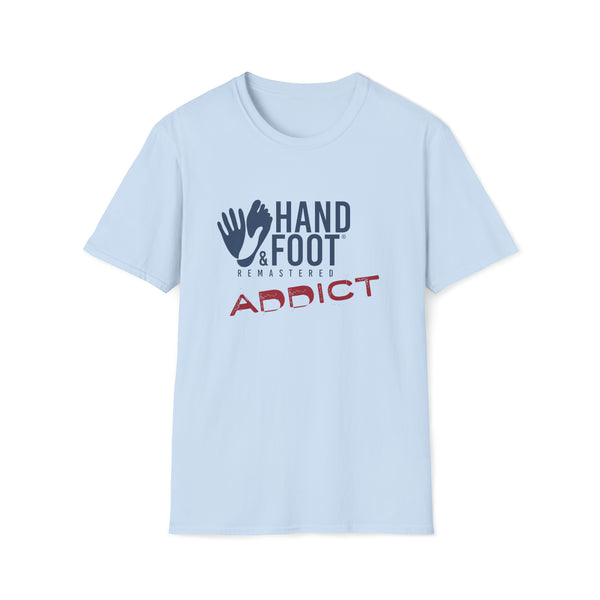 Light blue Hand & Foot Addict Softstyle T-Shirt with logo, crafted from 100% ring-spun cotton for comfort and elegance.