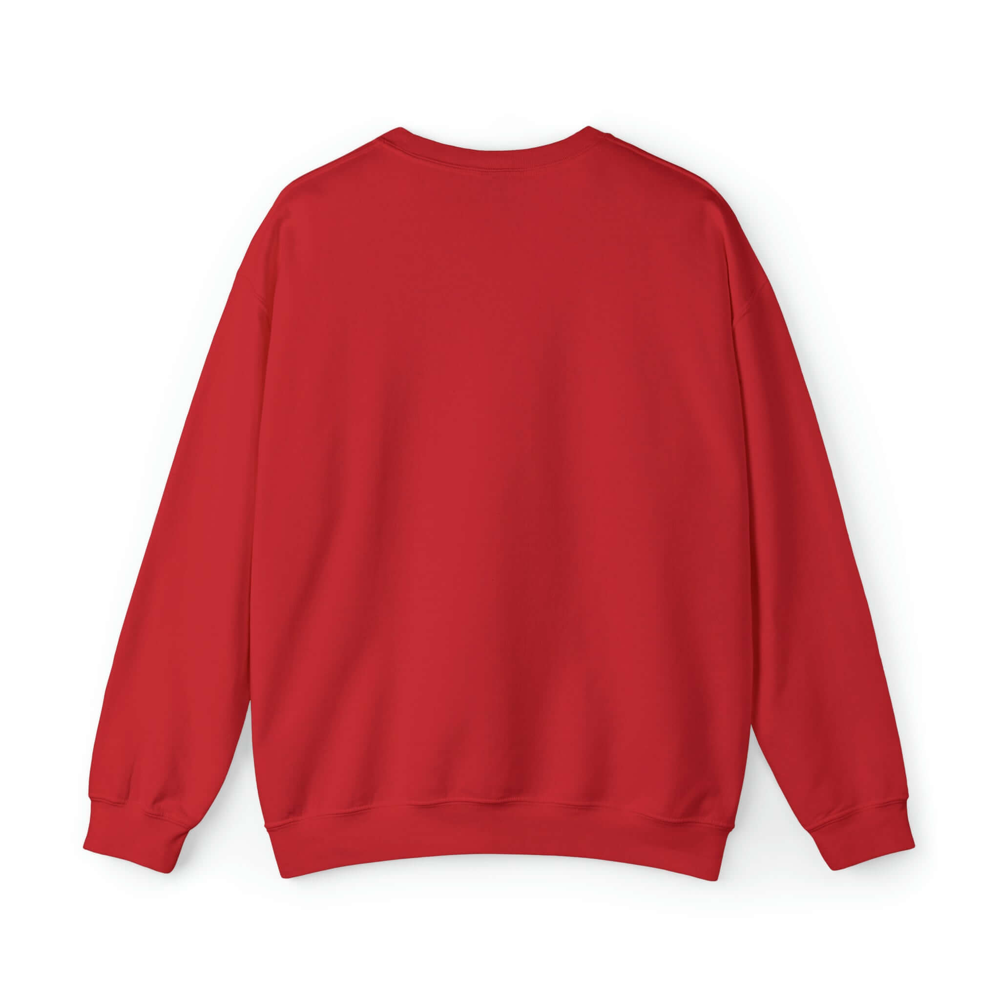 Back view of a red unisex heavy blend crewneck sweatshirt, showcasing a cozy and sustainable fashion choice.