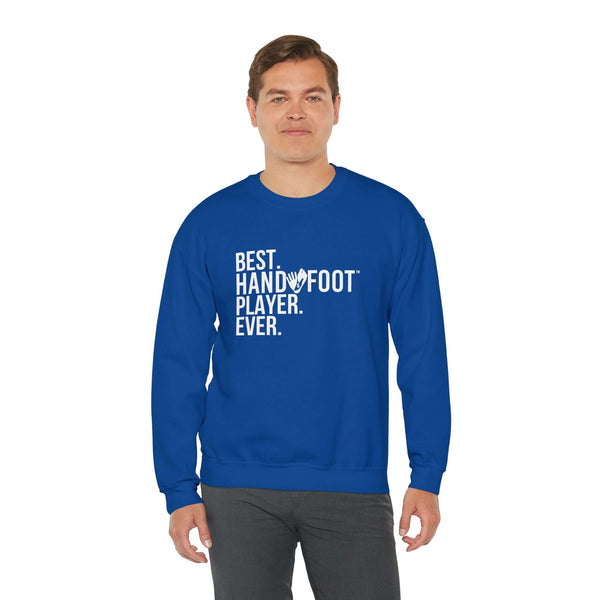 Man wearing blue 'Best Hand Foot Player Ever' unisex heavy blend crewneck sweatshirt, showcasing comfort and sustainable fashion.