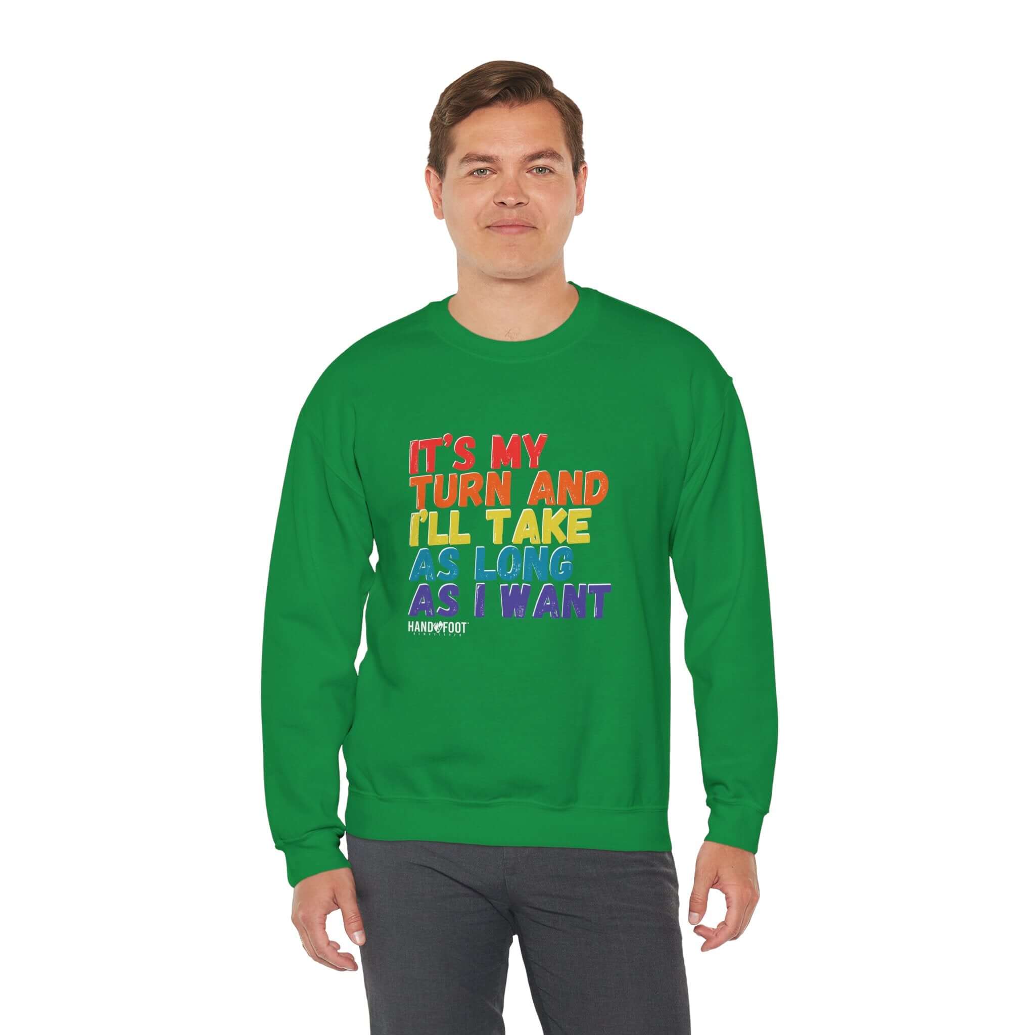 Model wears green unisex crewneck sweatshirt with