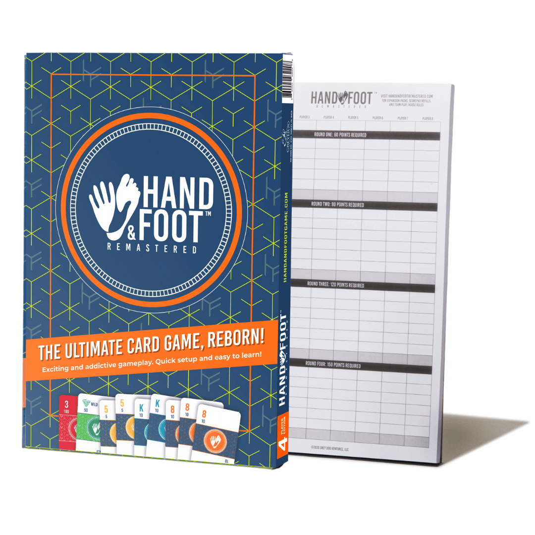 Hand & Foot Remastered card game set with scoring pad, featuring bright packaging and easy gameplay instructions.