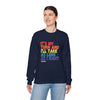 Person wearing It's My Turn unisex crewneck sweatshirt with colorful text, ideal for board game enthusiasts and casual wear.
