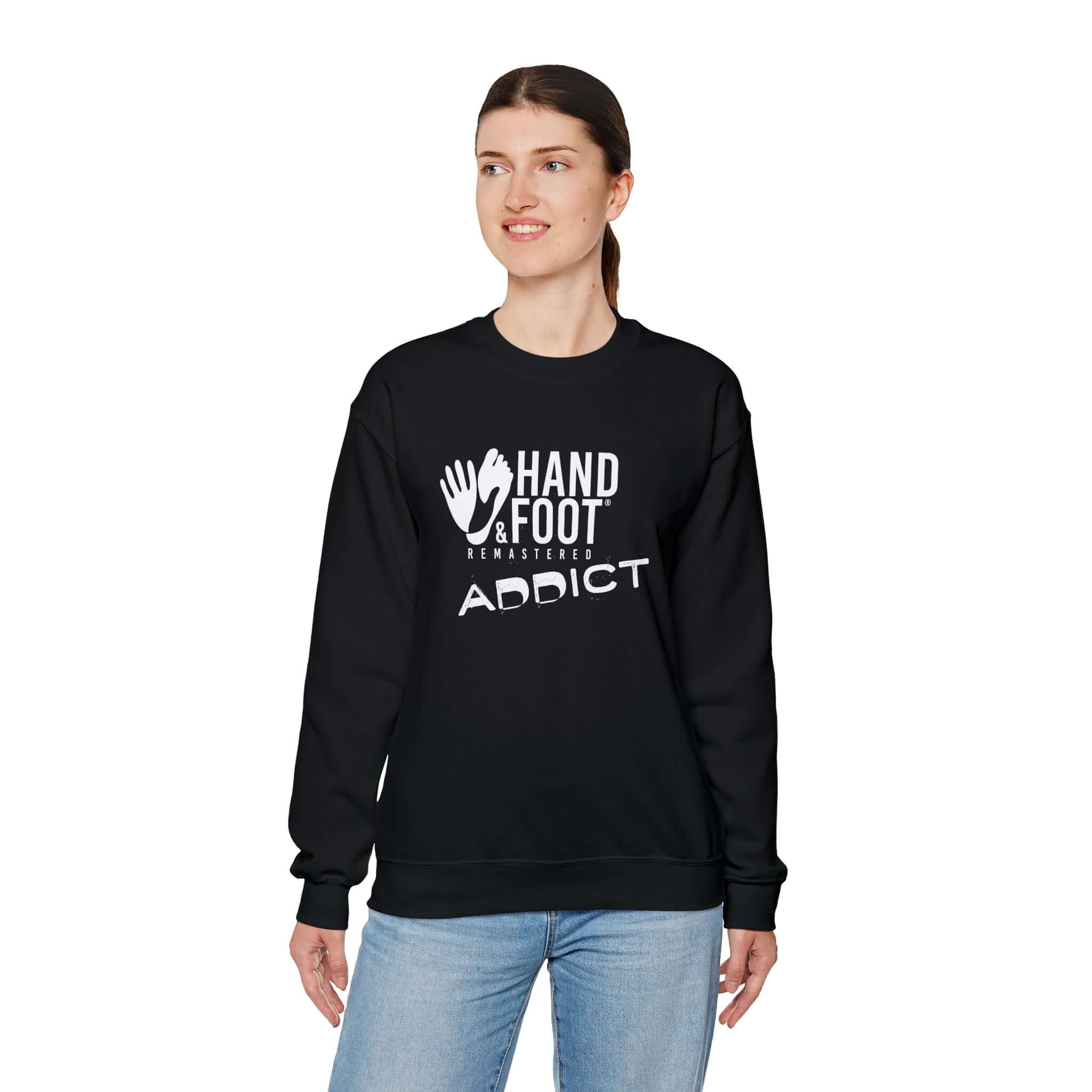Unisex Hand & Foot Addict Crewneck Sweatshirt, black, worn by model. Cozy Gildan fabric, perfect for comfort and sustainability.