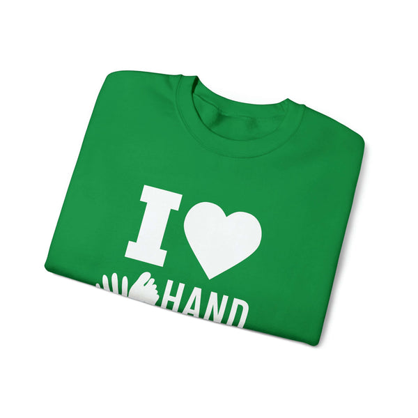 Green crewneck sweatshirt with 'I Love Hand & Foot' design, perfect for cozy warmth and sustainability-conscious fashion.