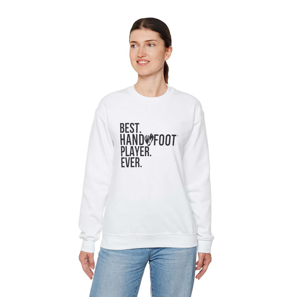 Model wearing Best Player Ever Unisex Heavy Blend Crewneck Sweatshirt, showcasing comfort and sustainable fashion in white.