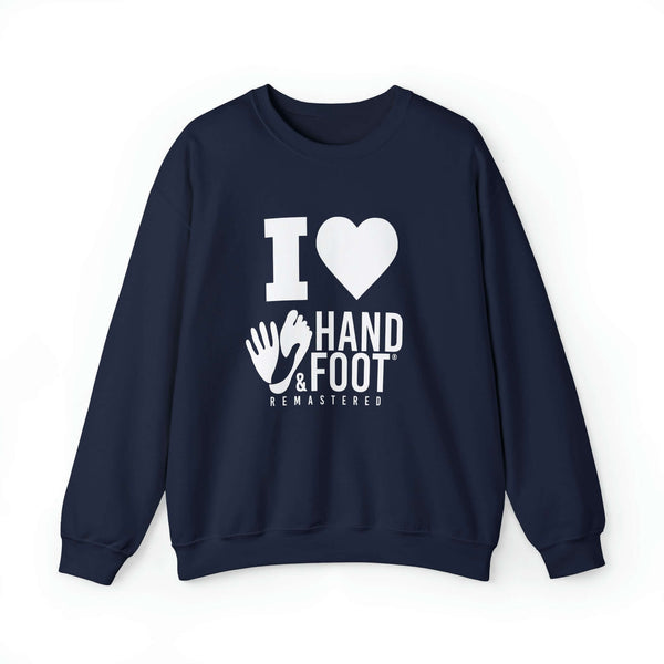 Unisex heavy blend crewneck sweatshirt with 'I Love Hand & Foot' graphic, perfect for cozy game nights, navy color, sustainable fashion.