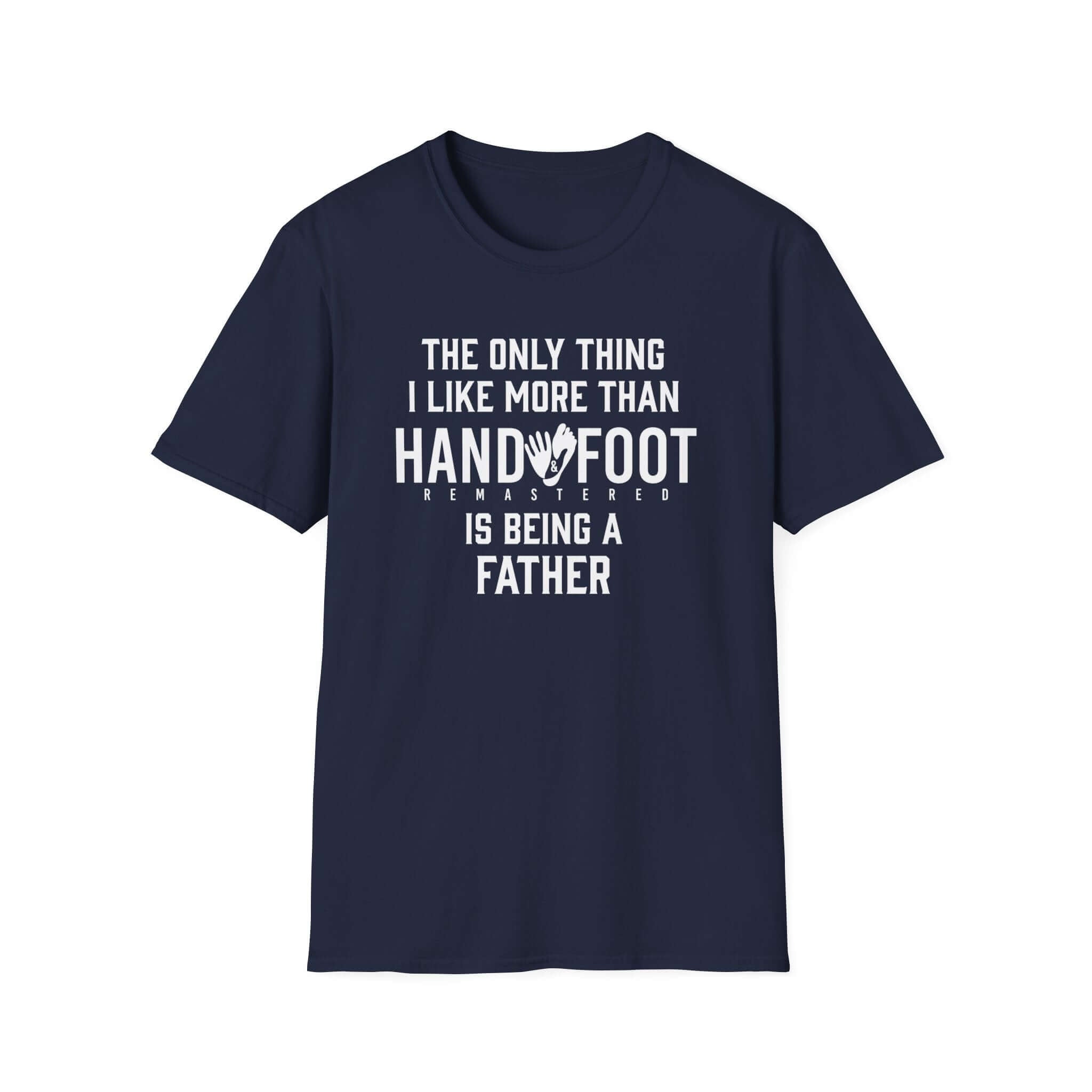 Navy softstyle t-shirt featuring the phrase about being a father and enjoying Hand and Foot card game.
