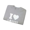 Gray "I Love Hand & Foot" crewneck sweatshirt folded with printed design for comfort and style.