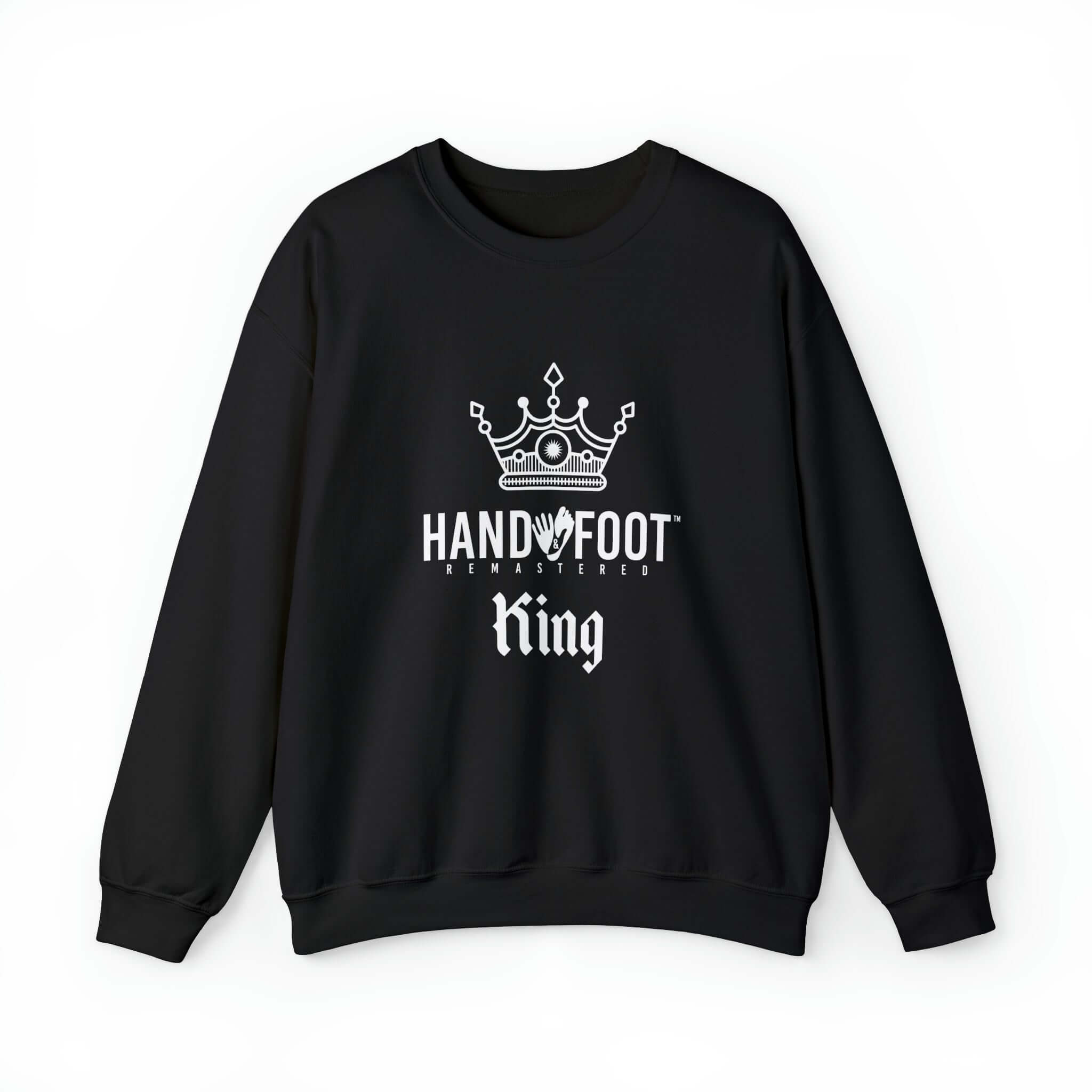 Hand & Foot King Unisex Heavy Blend Crewneck Sweatshirt with crown design, offering cozy comfort and conscious fashion in black.
