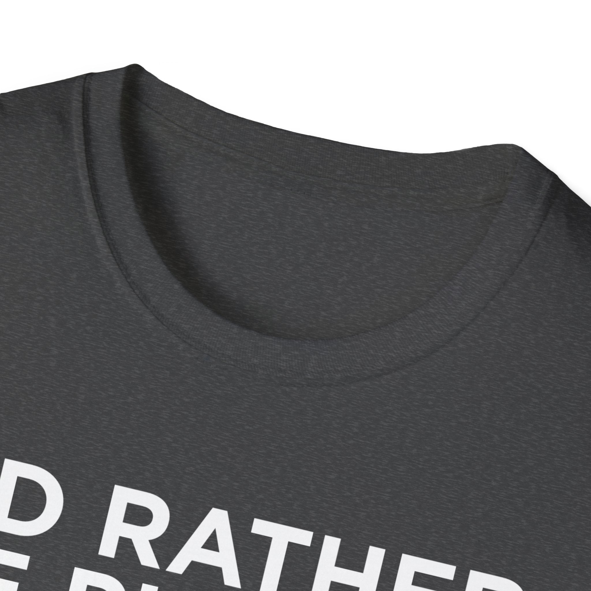 Close-up of I'd Rather Be Playing Hand & Foot Softstyle T-Shirt neckline in dark color, featuring white text print on soft cotton fabric.