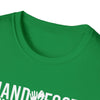 Close-up of green softstyle t-shirt collar with bold white text design.