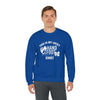 Man wearing a blue Lucky Unisex Heavy Blend Crewneck Sweatshirt with "This is my lucky hand & foot shirt" text.