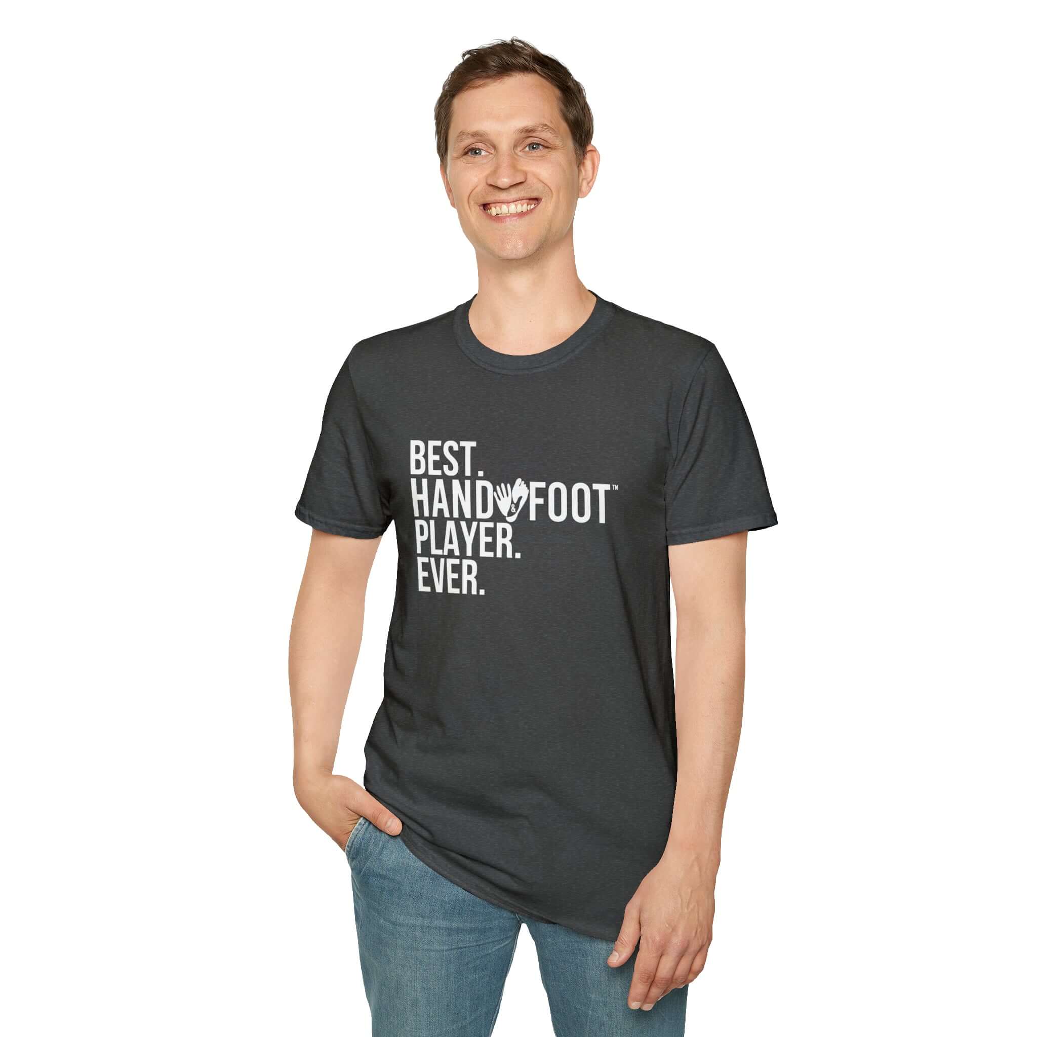 Man wearing Best Player Ever Softstyle T-Shirt, 100% ring-spun cotton, in dark color, showcasing casual comfort and style for everyday wear.
