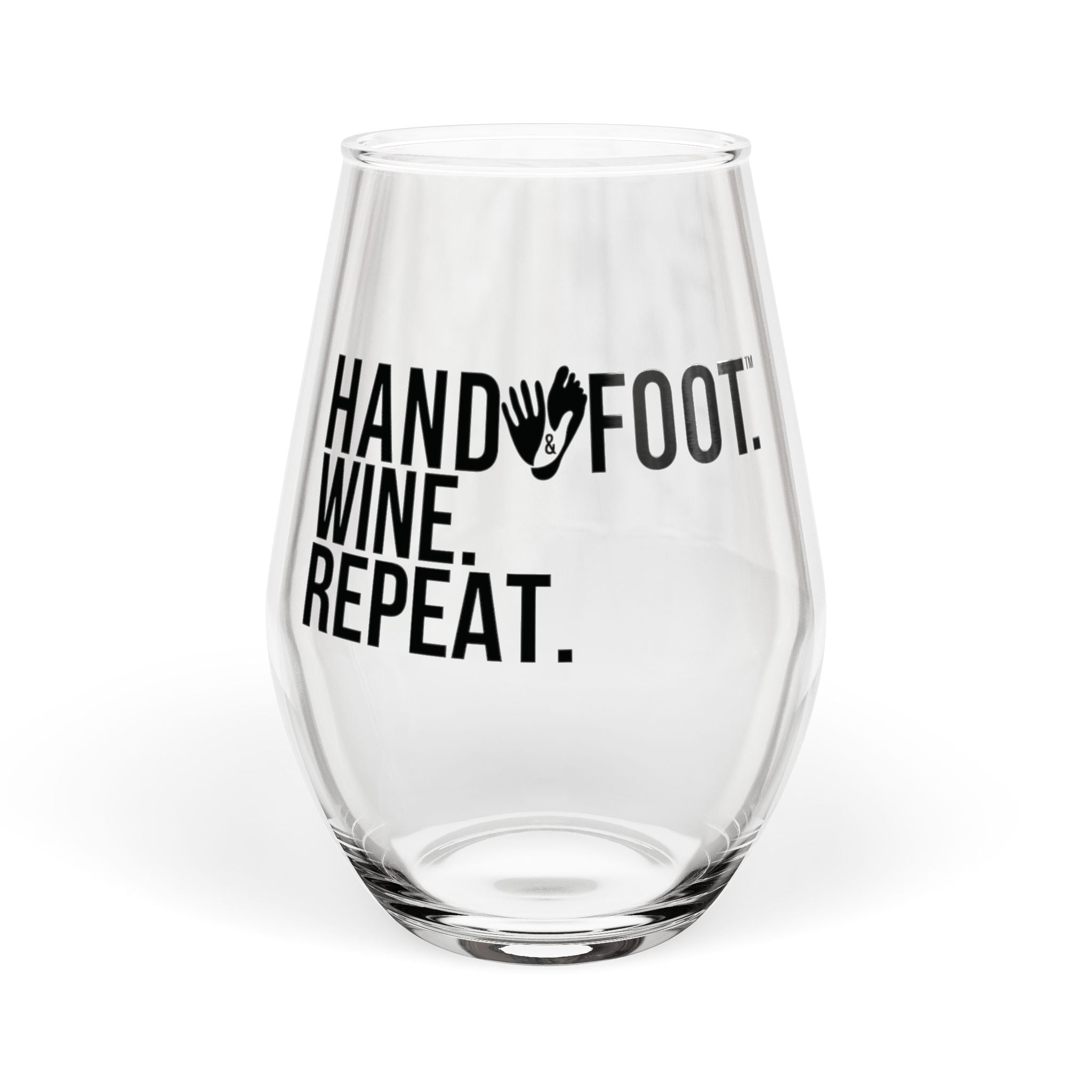 Black Hand & Foot stemless wine glass, 11.75 oz capacity, modern and chic design, made from high-quality glass, perfect for game nights.