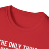 Close-up of red softstyle t-shirt collar with white text, Perfect gift for dads. Crafted from 100% ring-spun cotton.