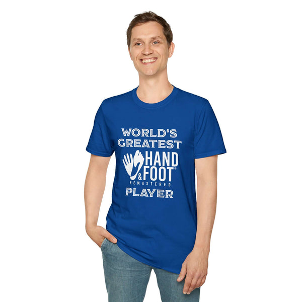 Man wearing World's Greatest Player Softstyle T-Shirt in blue, made from 100% ring-spun cotton, showcasing comfort and style.