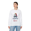 Person wearing Hand & Foot Queen Unisex Heavy Blend Crewneck Sweatshirt, featuring a queen graphic, ideal for cozy comfort and sustainability.
